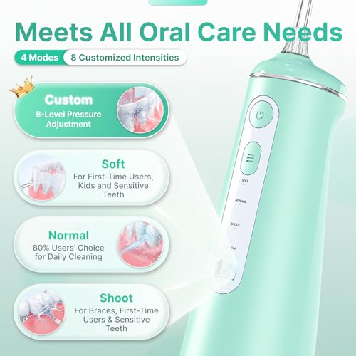 Water Flosser for Teeth, Cordless Oral Irrigator Portable Dental Cleaner Picks with 8 DIY Modes 7 Jets 300ml Tank Braces Flossers Rechargeable (Green)