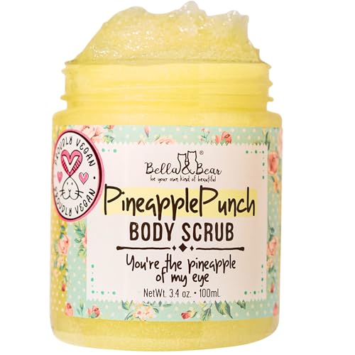 Bella & Bear Pineapple Body Scrub Exfoliator – Vegan Sugar Scrub, Travel Size 3.4 oz, Fresh Pineapple Scent