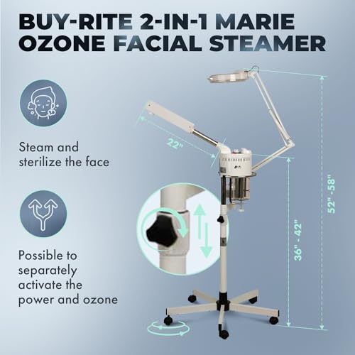 Buy-Rite 2-in-1 Marie Ozone Facial Steamer, 5 Diopter Magnifying Lamp, Fully Adjustable Height, 360' Swivel, Timer and Automatic Shut-Off, Large Star Base with Wheels, MEI-2001A