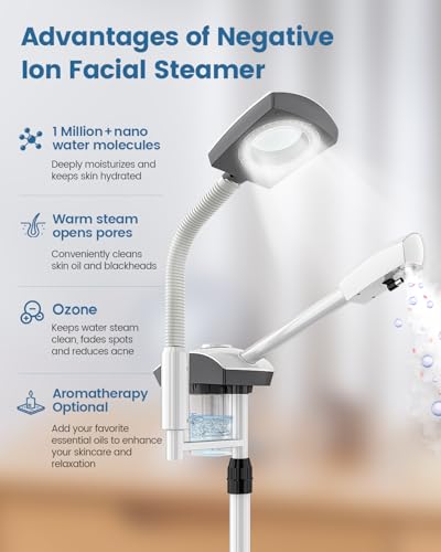 Kingsteam Professional 2-in-1 Facial Steamer with 5X Magnifying Lamp, Salon Grade Hot Mist Esthetician Device, Adjustable Timer, 2 Steam Levels, 3-Level LED Light, White