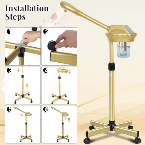 Facial Steamer Professional with More Steam for Deep Cleansing and Hydration, Estheticians Steamer on Wheels with Time Setting, Face Steamer Adjustable Height for Beauty, Spa and Home Use（Golden）