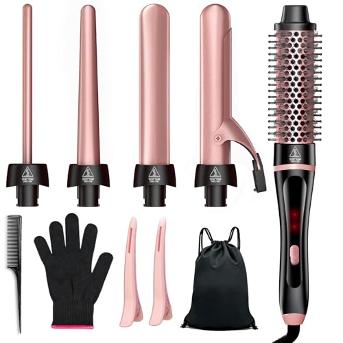 5 in 1 Curling Iron & Thermal Brush Set with 4 Interchangeable Ceramic Barrels (0.35”-1.25”) Fast Heat Dual Voltage Travel Hair Tools Birthday Gift for Women - Hair Curler Wand Kit for Curls & Blowout
