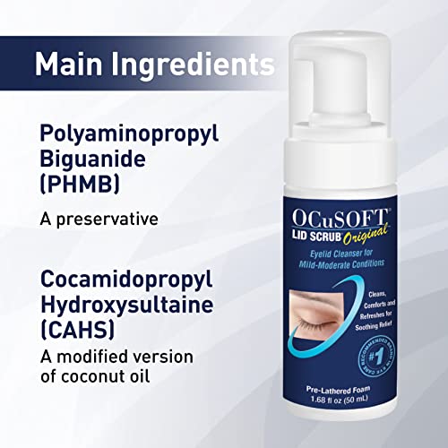OCuSOFT Lid Scrub Original Compliance Kit - Instant Foaming Eyelid Scrub & Lint-Free Wipes - Daily Eyelid Kit to Remove Oil, Dust, Pollen & Eye Makeup - 1.68 fl oz & 100 Dry Pads