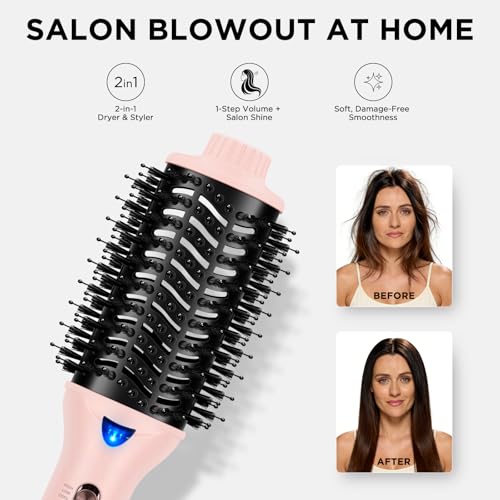 Aima Beauty Blow Dryer Brush - Ionic Ceramic Hot Air Brush for Frizz-Free Straightening & Voluminous Blowout, 2.3‘’/ 60mm Oval Barrel with Nylon Bristles, 360 Surrounded Vent, 3 Heat Settings, Pink