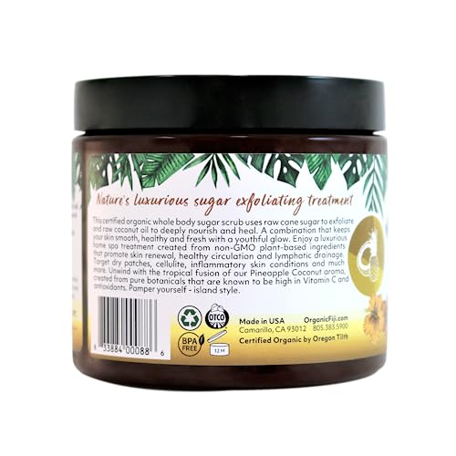 Organic Fiji Whole Body Scrub - Infused with Coconut Oil, Exfoliating Sugar Scrub for Smooth and Soft Skin, Exfoliates & Restores Skin's Natural Biosphere, Pineapple Coconut 20 oz