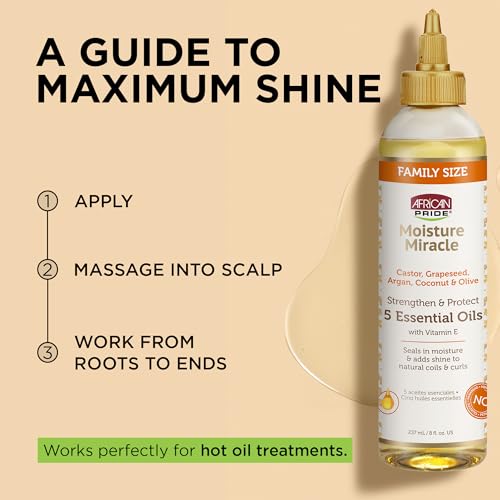 African Pride Moisture Miracle 5 Essential Hair Oils with Vitamin E | Moisture, Shine, Protection, and Growth | Argan, Castor, Grapeseed, Coconut, and Olive Oil | 8 oz