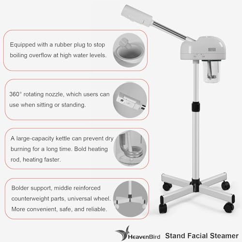 Stand Professional Ozone Facial Steamer with Touch Control, Adjustable Height & Rolling Base, 360° Rotatable Nozzle, Hot Mist Function, Use for Home, Salon SPA (White)