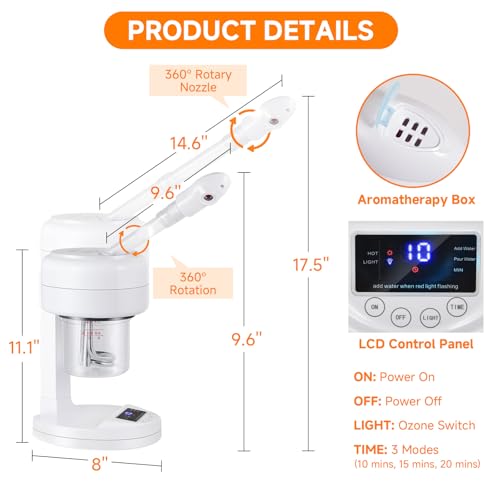 Facial Steamer Nano Ionic Face Steamer with Extendable Arm, Portable Facial Steamer, Rotating Nozzle Esthetician Vapor Face Steamer