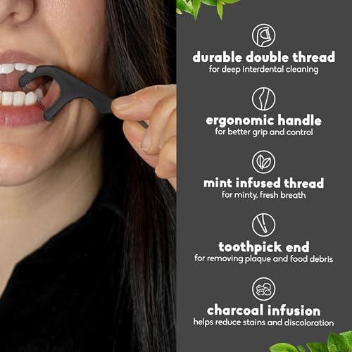 The Humble Co. Floss Picks (200 Count) – Plant Based Dental Floss Picks for Superior Oral Care, Dental Hygiene, and Gum Health, Cruelty Free Tooth Floss Picks (Charcoal, Double Thread)