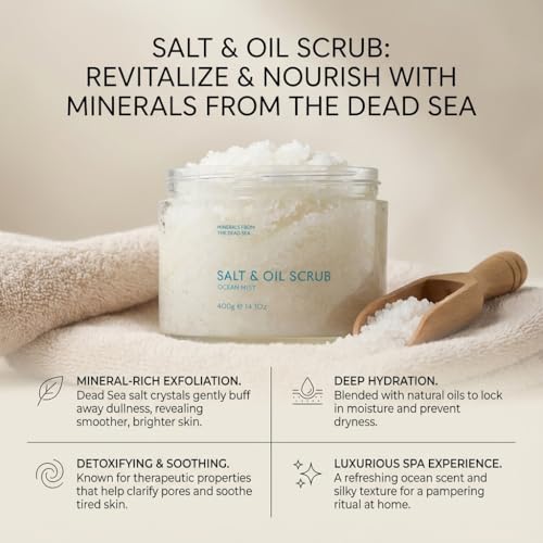 SEACRET Minerals Dead Sea Salt & Oil Body Scrub - Exfoliator with Rosehip, Sea Buckthorn & Green Tea, Mineral Rich Spa Treatment Stimulates Cell Renewal for a Rejuvenated Glow, Ocean Mist, 14.1 oz