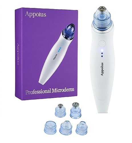 Microdermabrasion Machine - Appolus Premium Diamond Microdermabrasion Device Tool - 2 Diamond Tips - 5 Heads - Blackhead Blemishes Remover - Pores Fine Lines Minimizer
