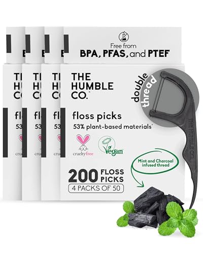 The Humble Co. Floss Picks (200 Count) – Plant Based Dental Floss Picks for Superior Oral Care, Dental Hygiene, and Gum Health, Cruelty Free Tooth Floss Picks (Charcoal, Double Thread)