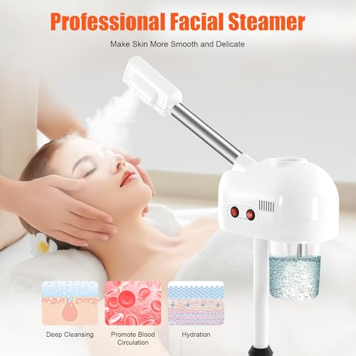 800W Professional Facial Steamer Machine with Ozone & 107.6°F Warm Steam, Face Steamer on Wheels, 360° Rotating Nozzle & Adjustable Height - Home Spa for Deep Cleansing, Moisturizing Skin Care, White
