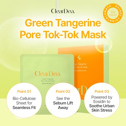 Green Tangerine Pore Tok-Tok Sheet Mask (3-in-1 Bio-Cellulose Gel) (Eosidin Care) – Pore Care, Sebum Control, Collagen Peel Off Facial Skincare for Deep Cleansing & Smooth Skin, 4 Sheets