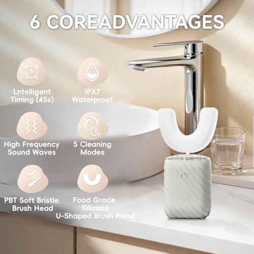 Ultrasonic Automatic Electric Toothbrush for Adults- U Shaped self Brushing Toothbrush, 360° Mouth Cleaning, 5 Modes for Whitening, IPX7 Waterproof Rechargeable (Light Gray)