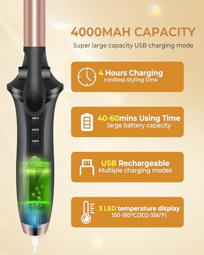 Cordless Curling Iron Rechargeable,USB Rechargeable 4000 mAh Cordless Hair Curler,3 Temp Setting Mini Travel Battery Powered Curling Iron,2 in 1 Portable Hair Straightener and Curler