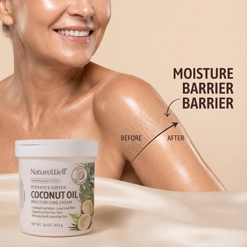 NATURE WELL Hydrate & Soften Coconut Oil Moisturizing Cream for Face, Body, & Hands, Non-Greasy, Intense Hydration & Luxurious Feel, Revives Dry & Sensitive Skin, Superfood for Your Skin, 16 Oz