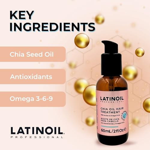 LATINOIL Chia Oil 2 oz / 60 ml - Instant Repair For Damaged Hair - Eliminates Frizz, Dryness - Adds Silkiness - Absorbs Fully & Quickly - Color Safe - Read our REAL Reviews
