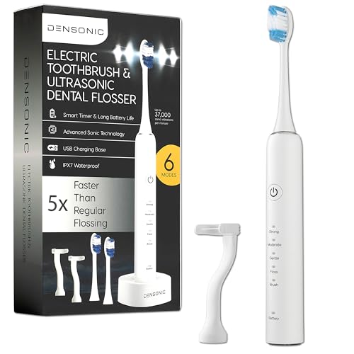 Electric Toothbrush and Flosser Combo Kit | Deep Clean Rechargeable Toothbrush | Easy Gliding Dental Floss for Gentle Gum Care | Cordless Sonic Power | 6 Cleaning Modes | White