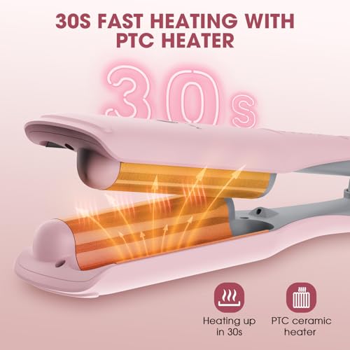Curling Iron Hair Crimper Waver, MiroPure Waves Curling Wand 1 inch with 30S Fast Heating & PTC Heater, Deep Waver Hair Curler for Women, Dual Voltage, Pink