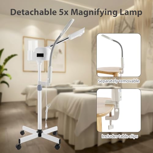 Professional Facial Steamer 2 in1 Steamer for Face 5X LED Magnifying Lamp Facial Steamer for Esthetician Beauty Face Equipment Use at Home or Salon（White）