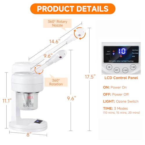 Nano Ionic Facial Steamer, Portable Face Steamer with LCD Screen, Extendable 360° Rotating Arm, Rotatable Nozzle, Hot Mist Function for Personal Care at Home or Salon