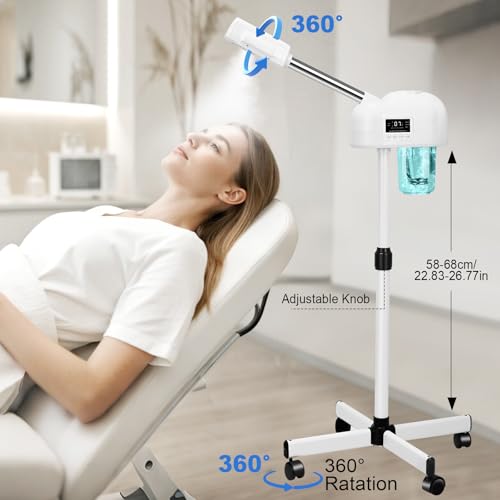 Professional Facial Steamer, Nano Ionic Hot Mist Spray, Stand Facial Steamer for Estheticians, Timer Function, Vaporizador Face Steamer on Wheel, for Home Salon SPA