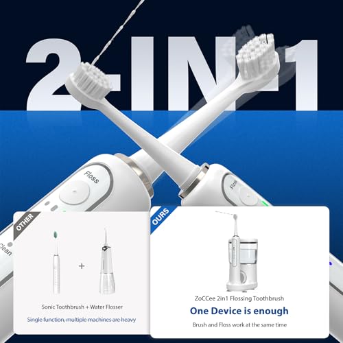 Electric Toothbrush with Water Flosser - Wireless Charging 3 in 1 Flossing Toothbrush - 500ML Professional Cordless Brush and Flosser in One - 5 Brush Modes & 3 Floss Speed (White)