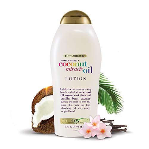 OGX Extra Creamy + Coconut Miracle Oil Ultra Moisture Body Lotion with Vanilla Bean, Fast-Absorbing Body Lotion for All Skin Types, Paraben-Free and Sulfated-Surfactants Free, 19.5 Ounce
