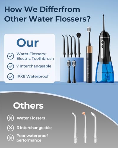 Electric Toothbrush with Water Flosser for Teeth, Sonic Electric Toothbrush and Electric Floss for Adults and Kids, Water Dental Picks, Cleaning and Flossing Dental Care, Waterproof