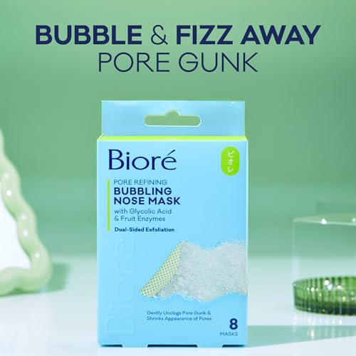 Bioré Pore Refining Bubbling Nose Mask, Glycolic Acid and Hyaluronic Acid Exfoliant for Face, Pore Cleansing Mask, 8 Ct