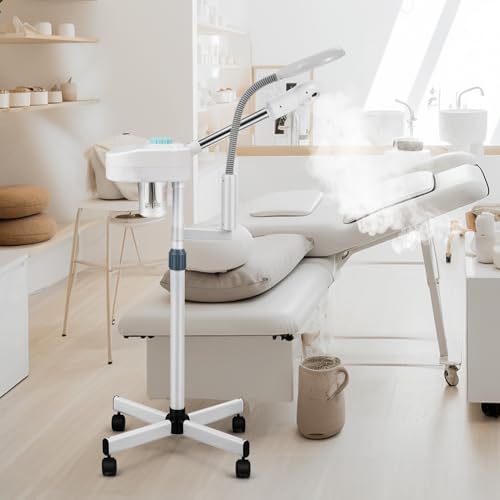 Fitnessclub 2 in1 Facial Steamer 5x LED Magnifying Lamp Hot Ozone Beauty Salon Face Equipment for Moisturizing, White