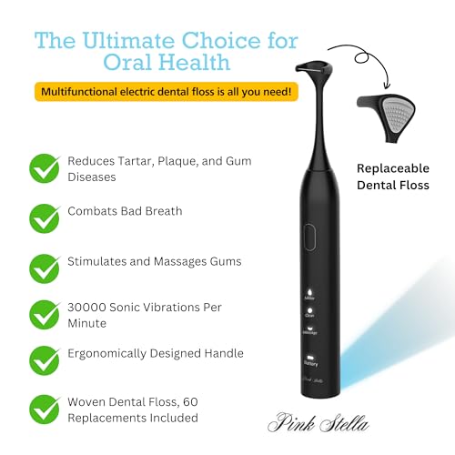 Electric Dental Flosser| Tongue Scrapper| Gum Massager and Stimulator for Adults and Kids| 60 Reuseable Floss Heads| A Better Alternative to Water Flosser