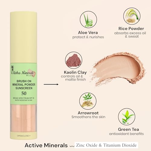 Aloha Minerals Block Brush-On Mineral Powder Sunscreen For Face, SPF 50, Water Resistant, Broad Spectrum, Natural Mineral Blend, Oil Abrosbent, Tropical Scent, Carrot Seed Extract, 0.21oz