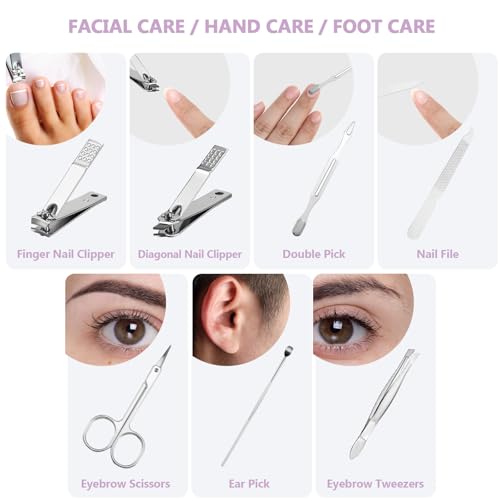 12 Set Manicure Set Bulk Mini Manicure Nail Clipper Kit 7 in 1 Stainless Steel Professional Nail Care Pedicure with Travel Portable Bag Grooming Kits for Women Men Home(Purple)