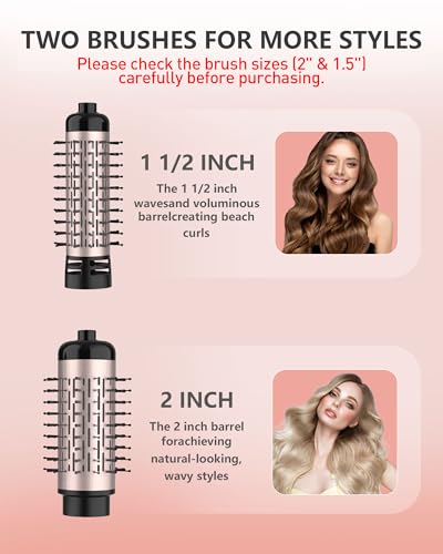 ANWA Rotating Hair Dryer Brush, 4-in-1 Hot Air Styler and Rotating Brush, Rotating Blow Dryer Brush with 2 Detachable Brushes(1.5"& 2"), Pink