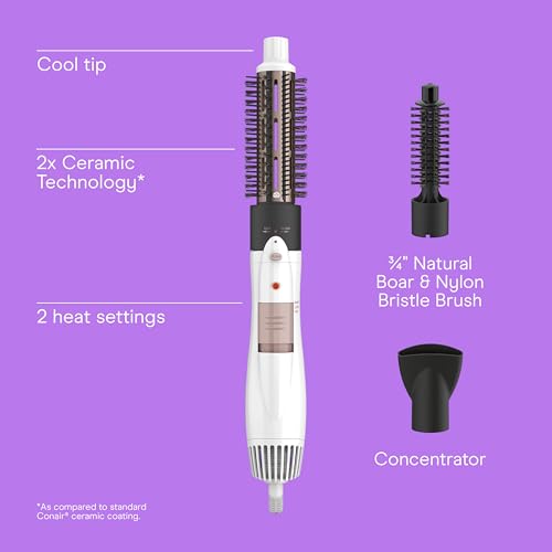Conair Double Ceramic 3-in-1 Hot Air Brush, Interchangeable Attachments: 1¼-Inch Thermal Brush, ¾-Inch Boar and Nylon Bristle Brush, and Concentrator, Voluminous Curls & Straight Styles, White