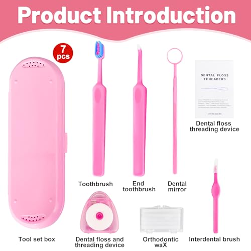 7-in-1 Orthodontic Oral Care Kit with Case – Toothbrush, End Tuft Toothbrush, Dental Mirror, Interdental Brush, Dental Floss and Threaders, Dental Wax, Portable Hygiene Set for Braces Daily Use (Pink)