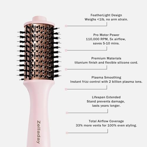 4.0 Ionic Hair Blow Dryer Brush-Lightweight 3X Faster Drying, 5-in-1 Blow Out Brush for More Shine, Curliness and Volume, Titanium Hot Hair Brush More Smooth, Anti-Frizz, Salon-Style Blowouts,Pink