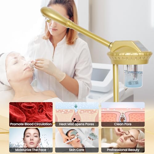 Facial Steamer Professional with More Steam for Deep Cleansing and Hydration, Estheticians Steamer on Wheels with Time Setting, Face Steamer Adjustable Height for Beauty, Spa and Home Use（Golden）
