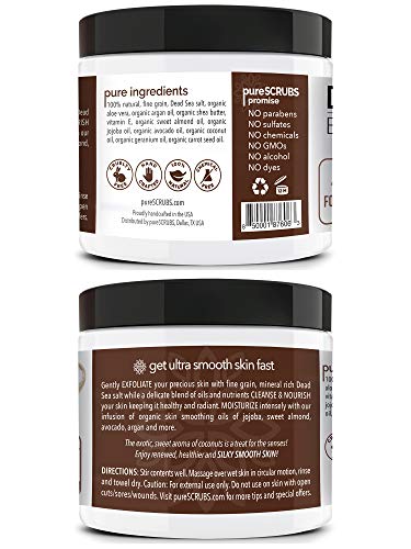pureSCRUBS Premium Coconut Body Scrub Set - Large 16oz Dead Sea Salt Body Scrub With Infused Essential Oils & Nutrients, Includes Wooden Spoon, Loofah & Oatmeal Exfoliating Bar Soap