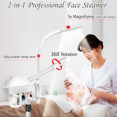 Professional Facial Steamer for Deep Hydration,2in1 Ozone Face Steamer with 5X Magnifying Lamp,Suitable for Home Use or Beauty Spa Deep Cleansing and Hydration