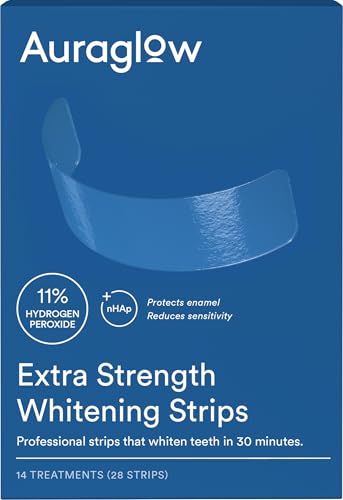 Auraglow Extra Strength Teeth Whitening Strips, Strong Whitening Strips, 14 Whitening Treatments, 11% Hydrogen Peroxide with Nano Hydroxyapatite to Reduce Sensitivity & Protect Enamel, 28 Strips, Mint
