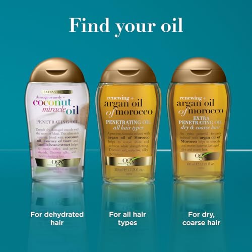 OGX Renewing + Argan Oil of Morocco Hair Oil, Extra Strength Penetrating Serum Treatment for Dry, Damaged, Frizzy, Curly & Coarse Hair, Cold-Pressed Argan Oil, Shine, 3.3 Fl Oz