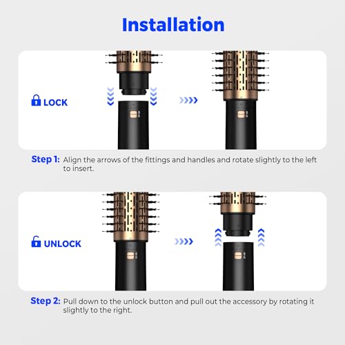 4 in 1 Rotating Hair Dryer Brush Spinning with Detachable Brush(2" & 1.5"),Negative Ionic Brush Blow Dryer 100-120V,3 Heats and 2 Speeds Rotating Hot Air Brush for Curling,Straight,Drying