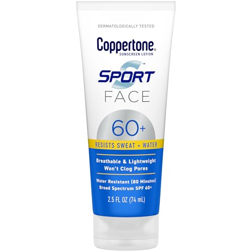Coppertone Sport Face Sunscreen Lotion SPF 60+, Water Resistant Sunscreen with Broad Spectrum SPF 60+, Lightweight and Breathable, 2.5 Fl Oz Tube