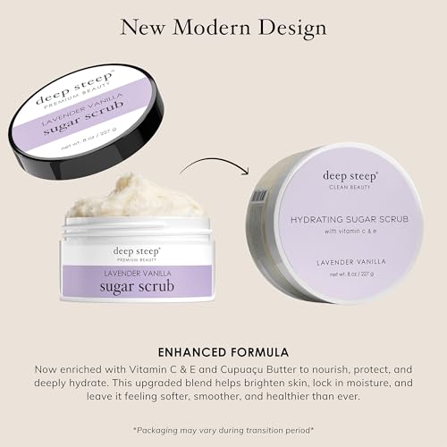 Deep Steep Sugar Scrub, Lavender Vanilla, 8 oz – Exfoliating Body Scrub with Organic Coconut Oil, Shea Butter & Argan Oil – Vegan, Clean Beauty, Smooth, Soft & Nourished Skin