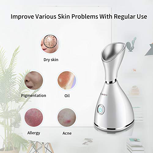 Facial Steamer-Nano Ionic Facial Steamer Warm Mist Humidifier Atomizer Sprayer Moisturizing Face Steamer Home Sauna SPA Face with 4 Piece Stainless Steel Skin Kit and Hair Band(White)