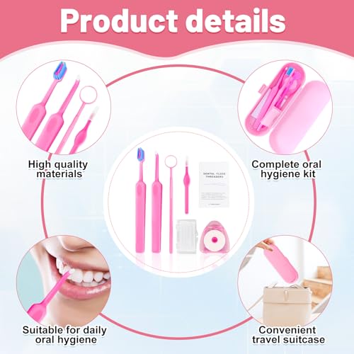 7-in-1 Orthodontic Oral Care Kit with Case – Toothbrush, End Tuft Toothbrush, Dental Mirror, Interdental Brush, Dental Floss and Threaders, Dental Wax, Portable Hygiene Set for Braces Daily Use (Pink)