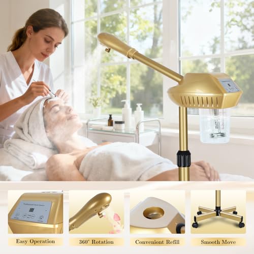 Facial Steamer Professional with More Steam for Deep Cleansing and Hydration, Steamer for Facial with Time Setting, Face Steamer Adjustable Height for Beauty, Spa and Home Use, Gold